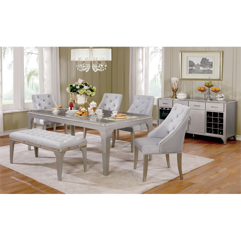 Bowery Hill Padded Fabric Dining Bench in Light Gray with Silver Accents