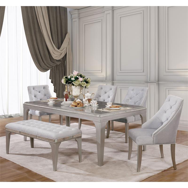 Bowery Hill Padded Fabric Dining Bench in Light Gray with Silver Accents
