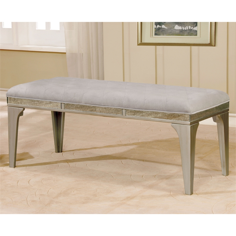 Bowery Hill Padded Fabric Dining Bench in Light Gray with Silver Accents