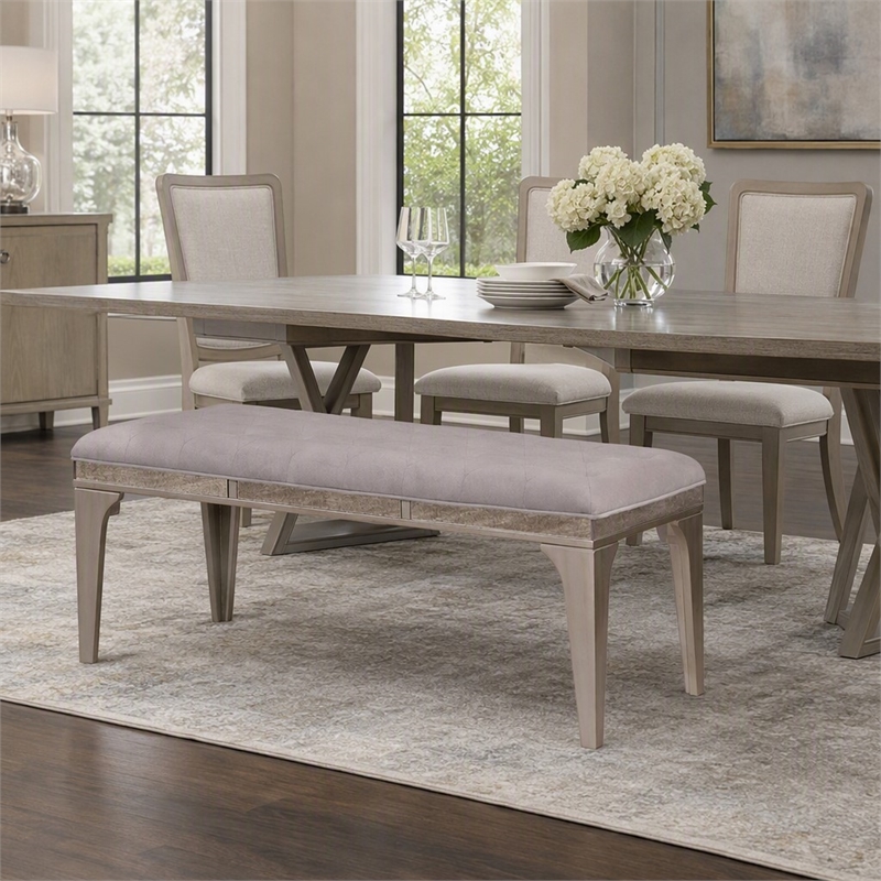 Bowery Hill Padded Fabric Dining Bench in Light Gray with Silver Accents
