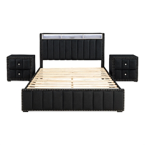 Bowery Hill Upholstered Queen Black Bedroom Set with Storage and LED Lights