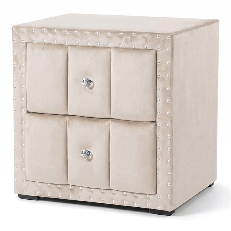 Bowery Hill Upholstered Beige Nightstand Set with Nailhead Trim