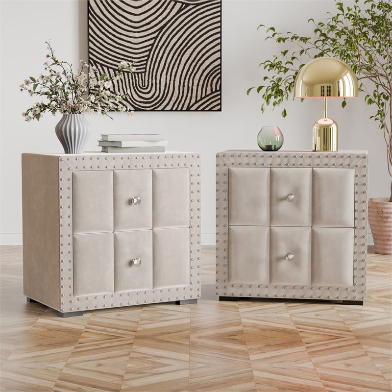Bowery Hill Upholstered Beige Nightstand Set with Nailhead Trim