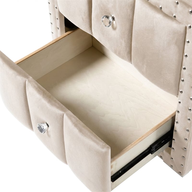 Bowery Hill Upholstered Beige Nightstand Set with Nailhead Trim