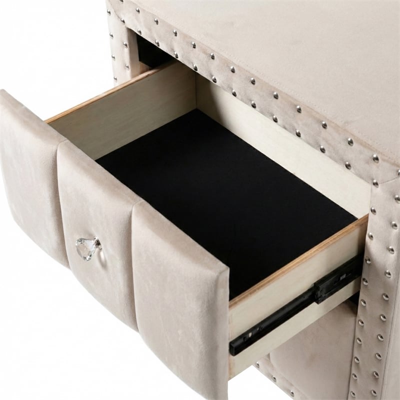 Bowery Hill Upholstered Beige Nightstand Set with Nailhead Trim