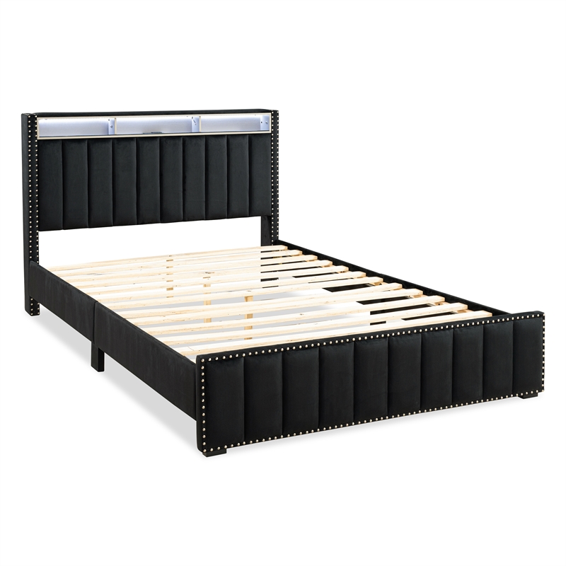 Bowery Hill Black Bedroom Set with Upholstered Queen Bed and Nightstand