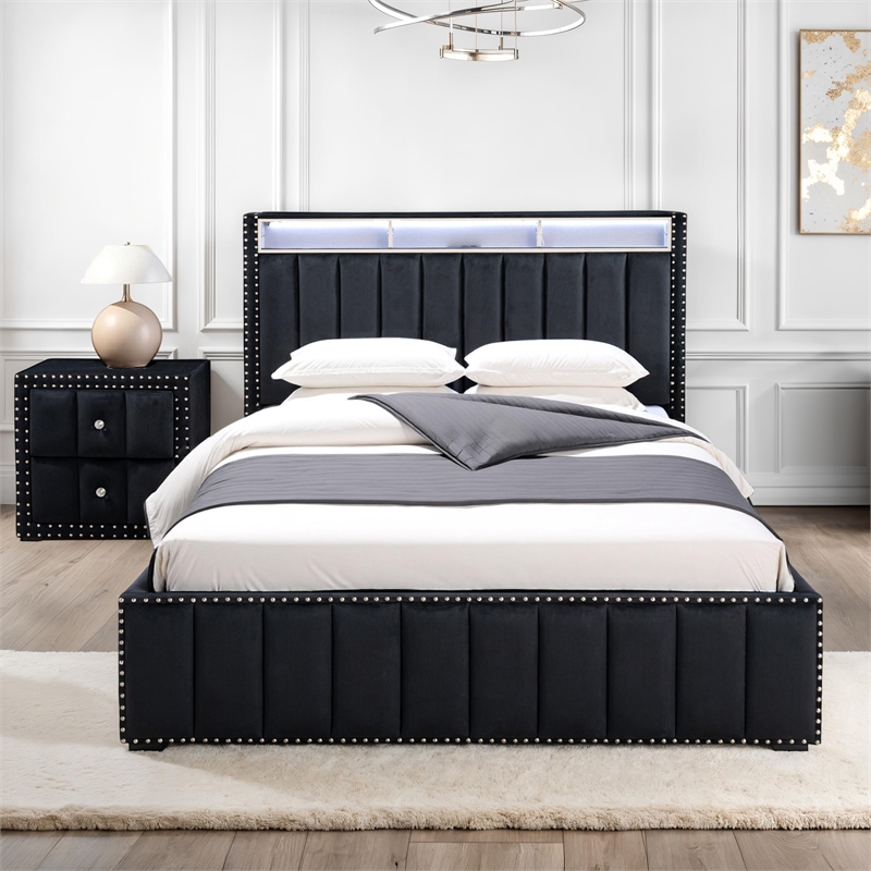 Bowery Hill Black Bedroom Set with Upholstered Queen Bed and Nightstand