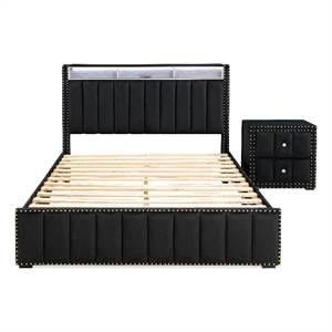 Bowery Hill Black Bedroom Set with Upholstered Queen Bed and Nightstand