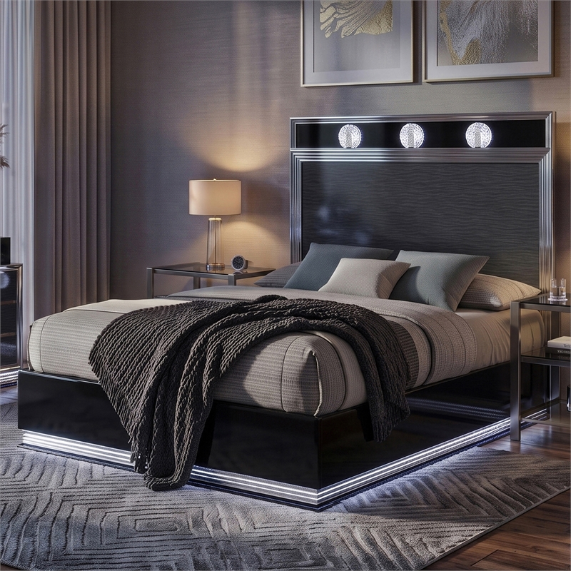Bowery Hill Solid Wood LED Queen Platform Bed in Dark Gray and Charcoal
