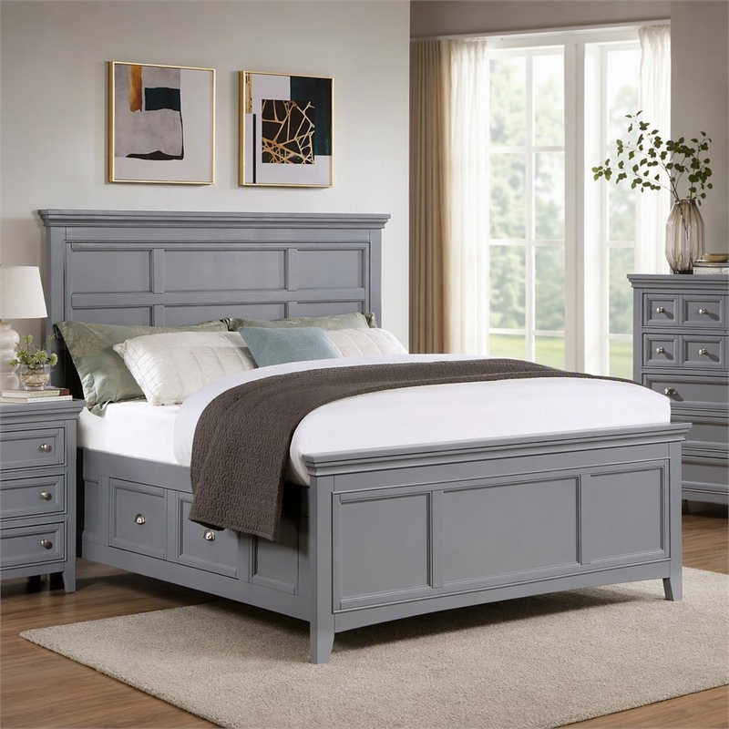 Bowery Hill Transitional Queen Bed with Drawers in Cool Gray Finish