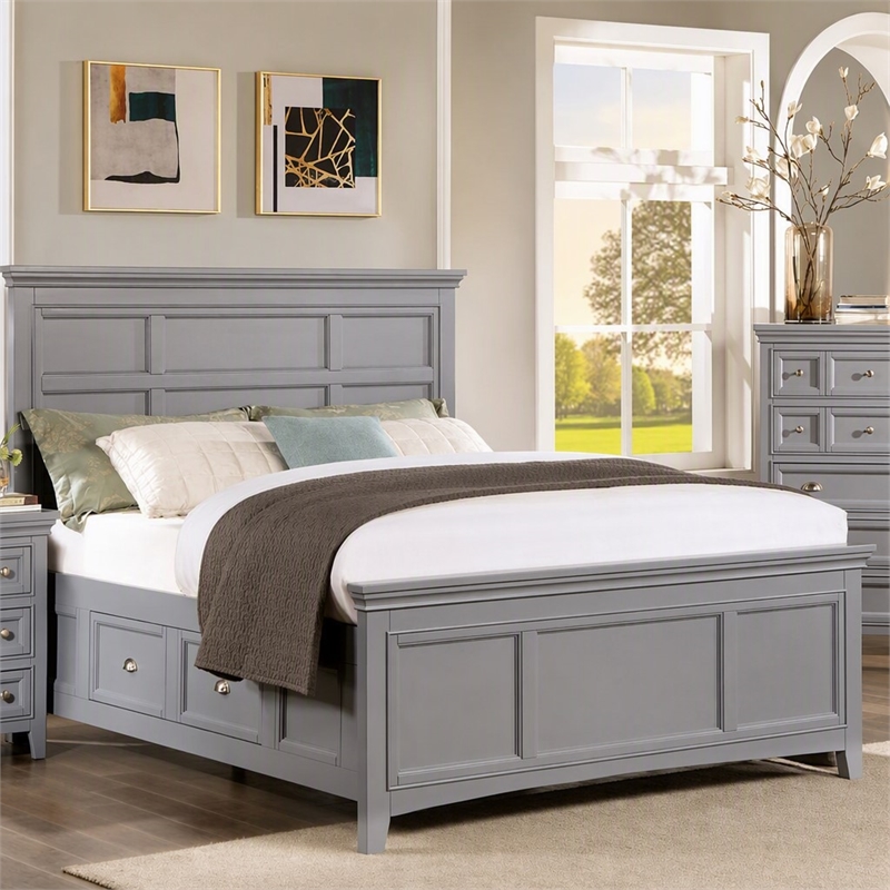 Bowery Hill Transitional Queen Bed with Drawers in Cool Gray Finish