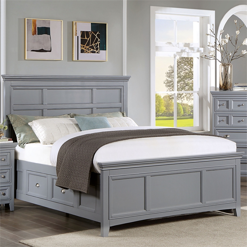 Bowery Hill Transitional Queen Bed with Drawers in Cool Gray Finish
