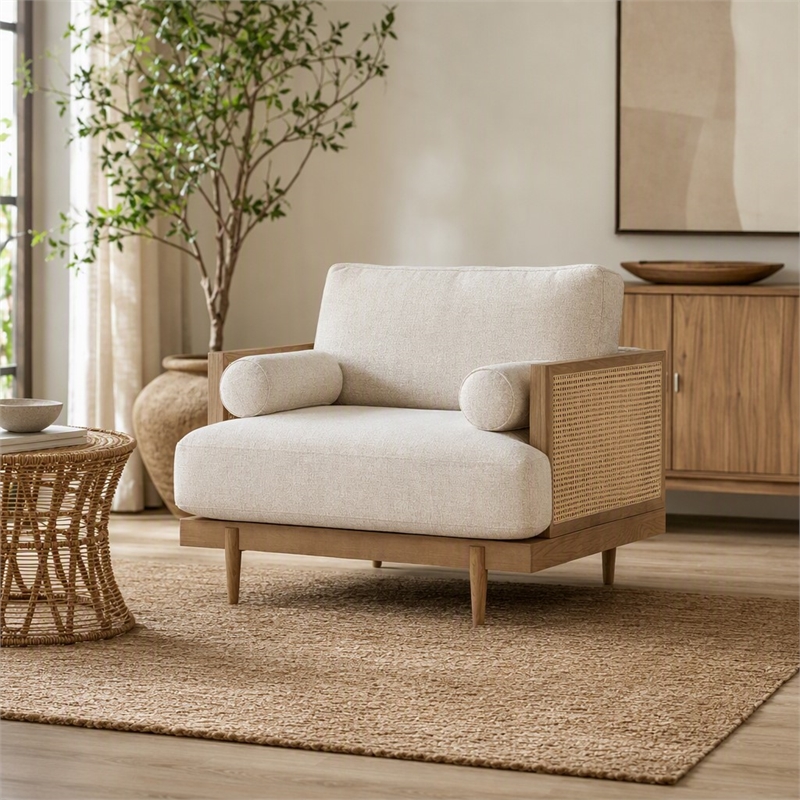 Bowery Hill Solid Wood Accent Chair with Beige Fabric in Light Oak