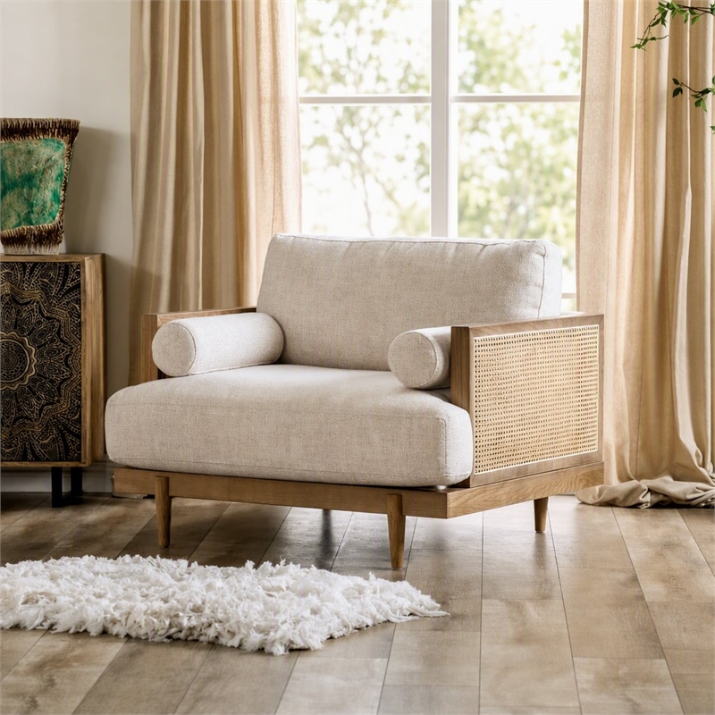 Bowery Hill Solid Wood Accent Chair with Beige Fabric in Light Oak