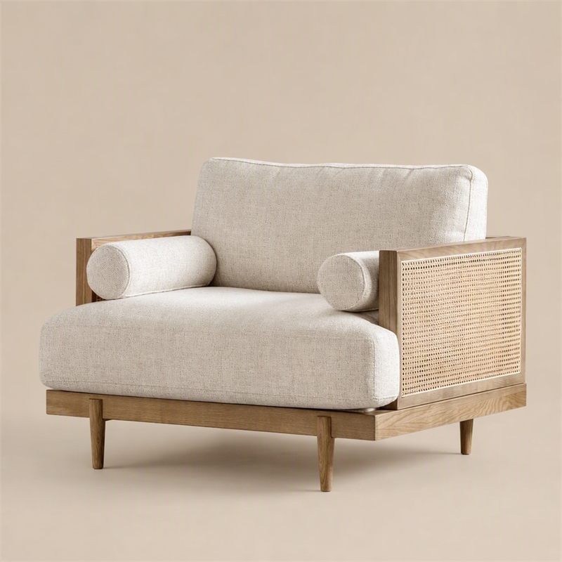 Bowery Hill Solid Wood Accent Chair with Beige Fabric in Light Oak