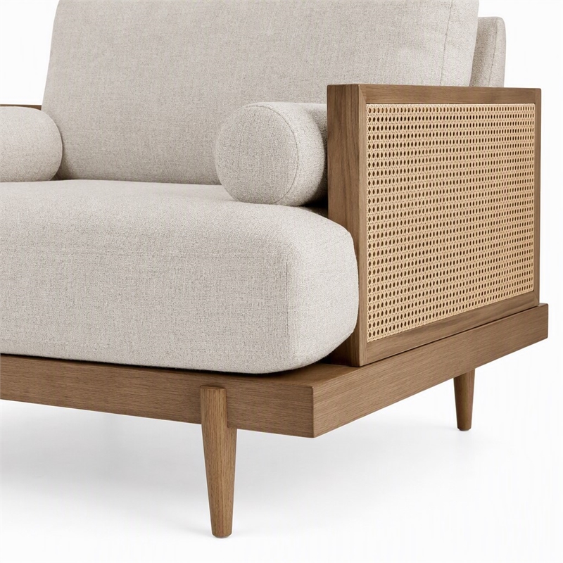 Bowery Hill Solid Wood Accent Chair with Beige Fabric in Light Oak