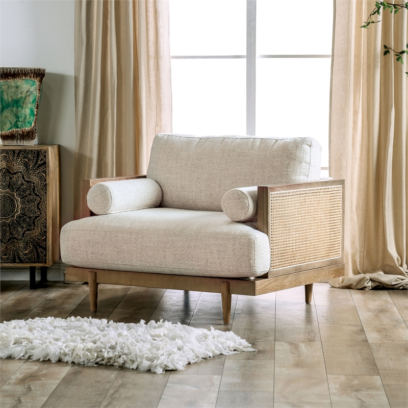 Bowery Hill Solid Wood Accent Chair with Beige Fabric in Light Oak