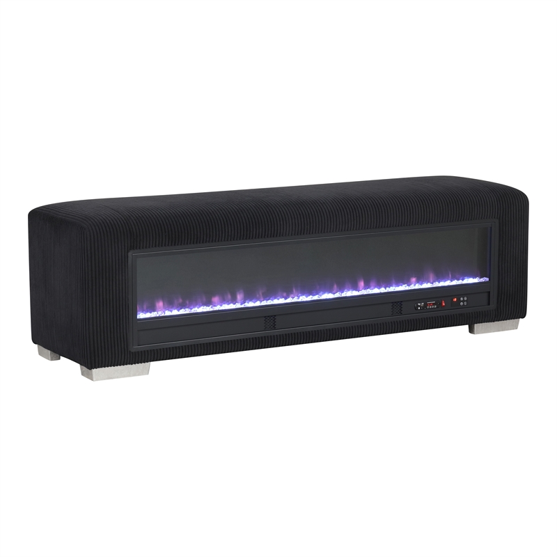 Bowery Hill Black Fabric Bench with Fireplace and Bluetooth Audio