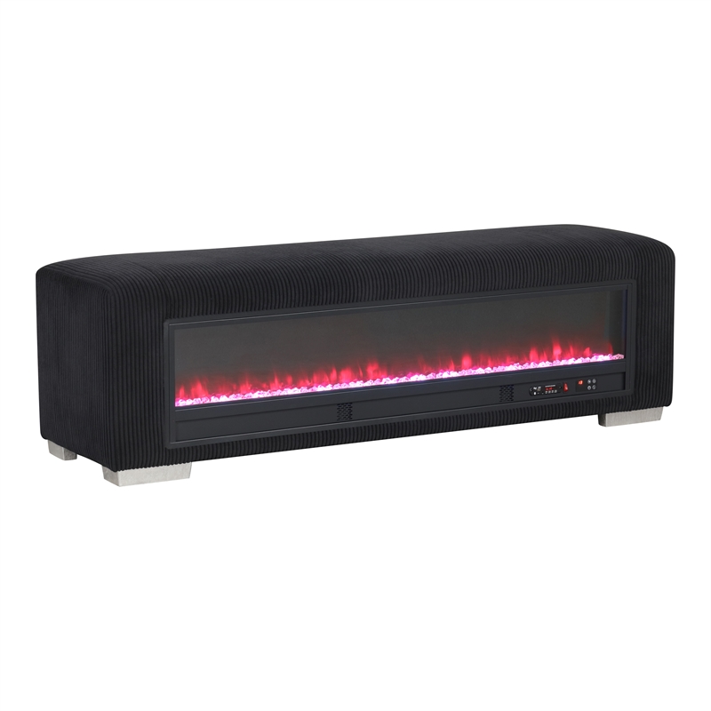 Bowery Hill Black Fabric Bench with Fireplace and Bluetooth Audio