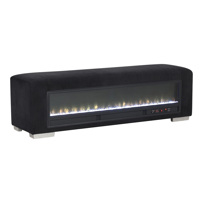 Bowery Hill Black Fabric Bench with Fireplace and Bluetooth Audio