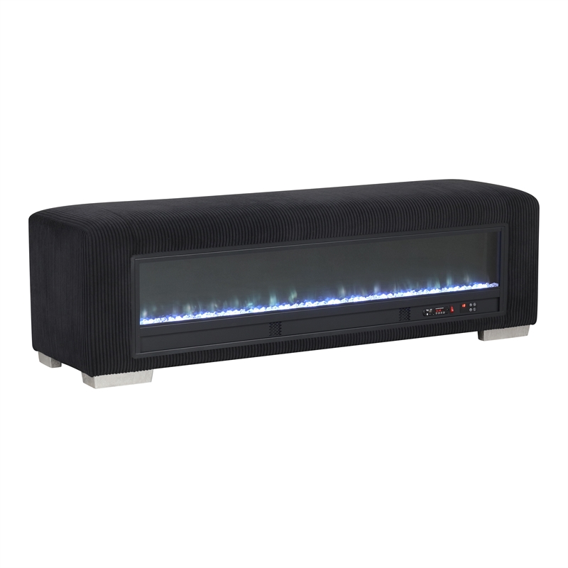Bowery Hill Black Fabric Bench with Fireplace and Bluetooth Audio