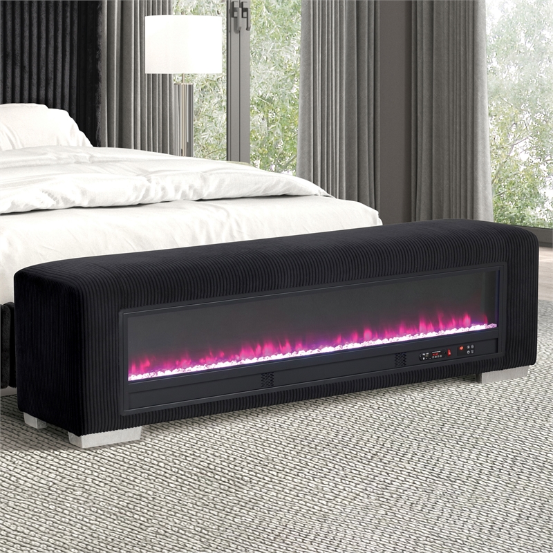 Bowery Hill Black Fabric Bench with Fireplace and Bluetooth Audio
