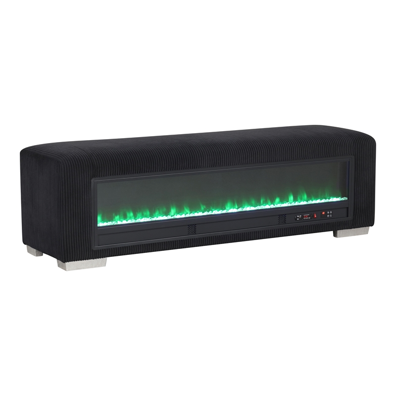 Bowery Hill Black Fabric Bench with Fireplace and Bluetooth Audio