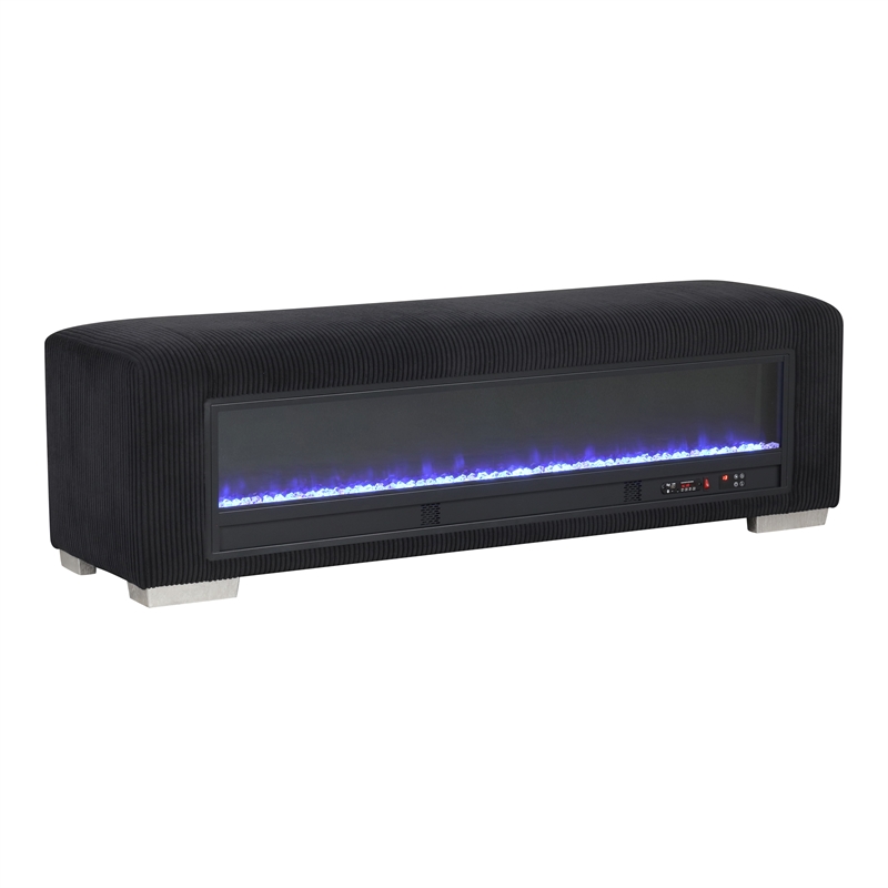 Bowery Hill Black Fabric Bench with Fireplace and Bluetooth Audio