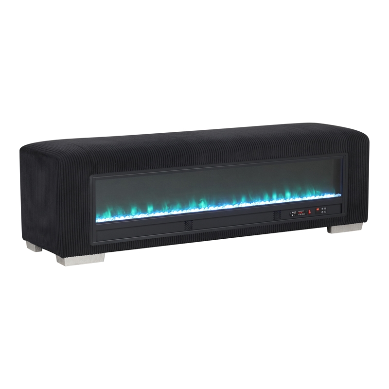 Bowery Hill Black Fabric Bench with Fireplace and Bluetooth Audio