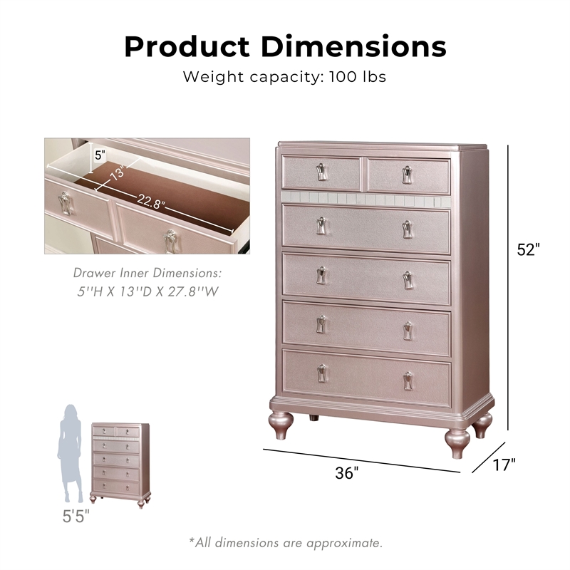 Bowery Hill Contemporary Rose Gold 5-Drawer Chest with Mirrored Accents