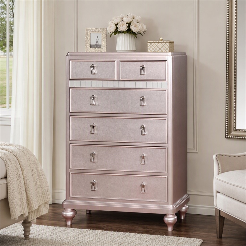 Bowery Hill Contemporary Rose Gold 5-Drawer Chest with Mirrored Accents