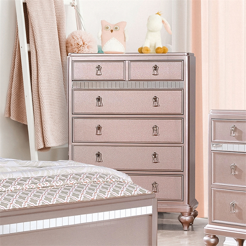 Bowery Hill Contemporary Rose Gold 5-Drawer Chest with Mirrored Accents