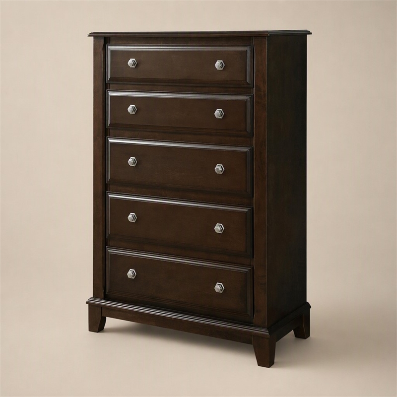 Bowery Hill Solid Wood 5-Drawer Chest in Brown Cherry Finish