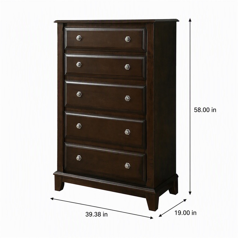Bowery Hill Solid Wood 5-Drawer Chest in Brown Cherry Finish