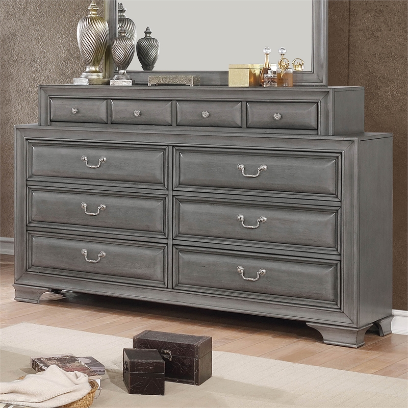 Bowery Hill Wood 10-Drawer Double Dresser in Gray