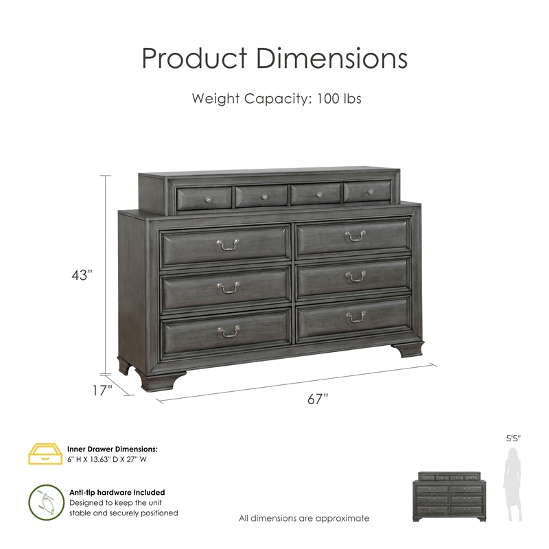 Bowery Hill Wood 10-Drawer Double Dresser in Gray