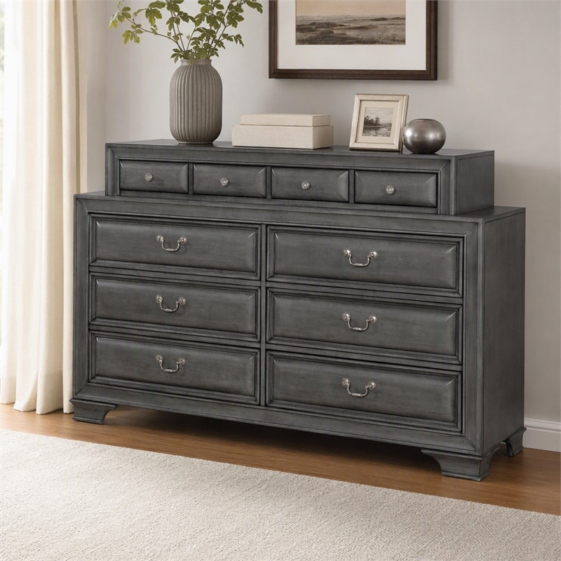Bowery Hill Wood 10-Drawer Double Dresser in Gray