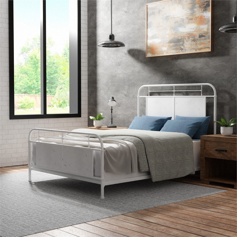 Bowery Hill Industrial Metal California King Panel Bed in Distressed White
