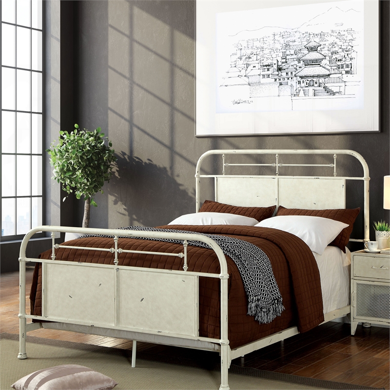 Bowery Hill Industrial Metal California King Panel Bed in Distressed White
