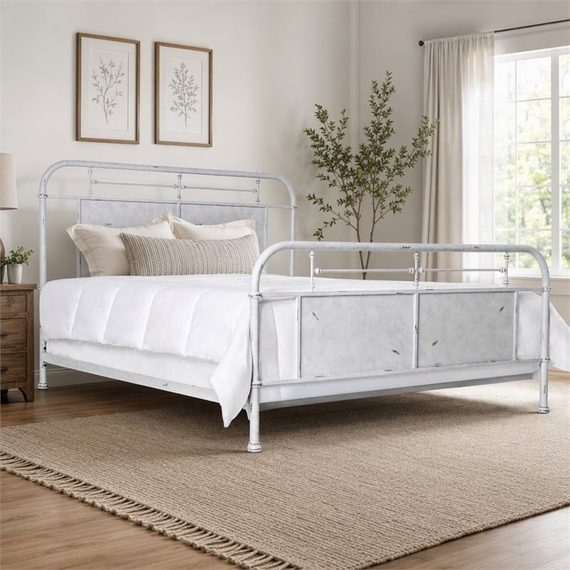 Bowery Hill Industrial Metal California King Panel Bed in Distressed White