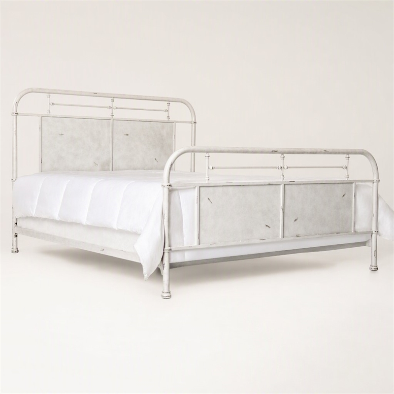 Bowery Hill Industrial Metal California King Panel Bed in Distressed White