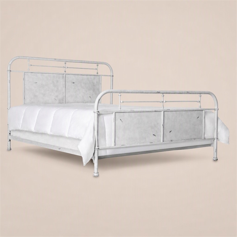 Bowery Hill Industrial Metal California King Panel Bed in Distressed White
