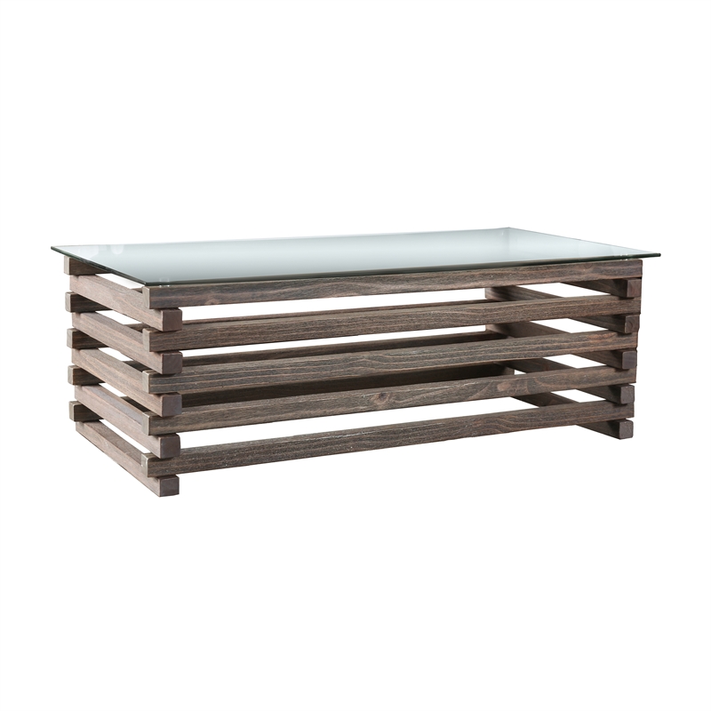 Bowery Hill Transitional Solid Wood Coffee Table with Glass Top in Grey