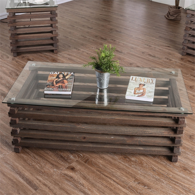 Bowery Hill Transitional Solid Wood Coffee Table with Glass Top in Grey