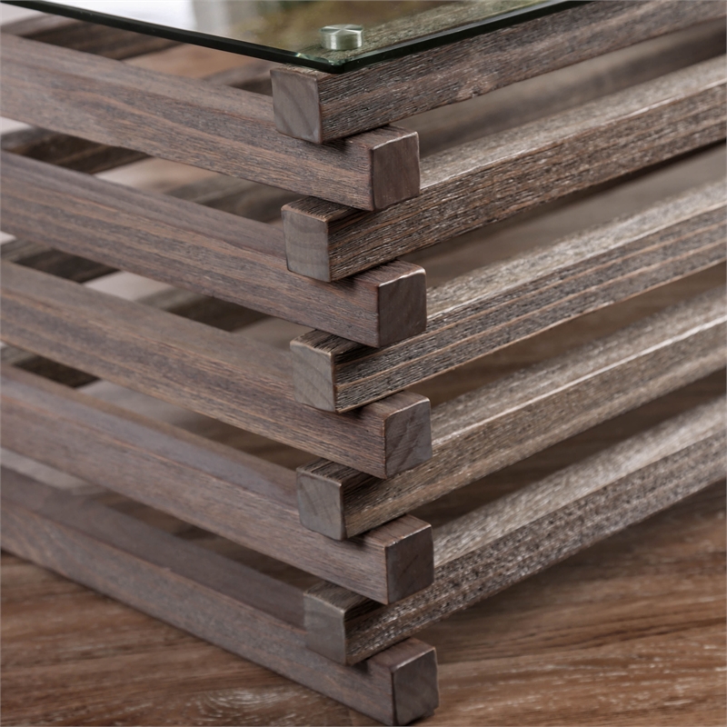 Bowery Hill Transitional Solid Wood Coffee Table with Glass Top in Grey