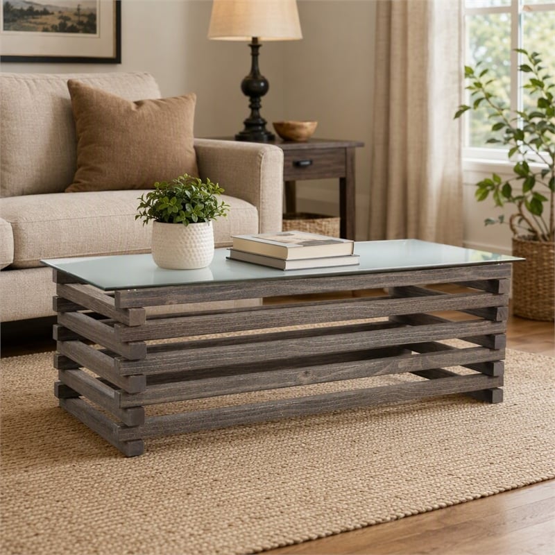 Bowery Hill Transitional Solid Wood Coffee Table with Glass Top in Grey
