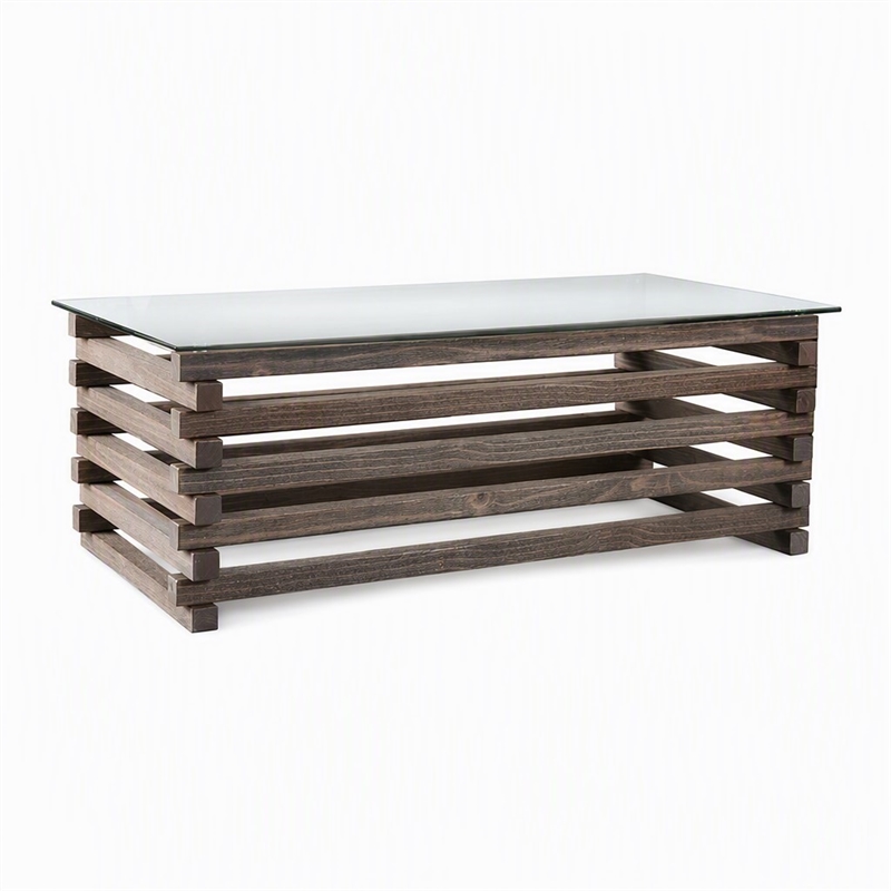 Bowery Hill Transitional Solid Wood Coffee Table with Glass Top in Grey