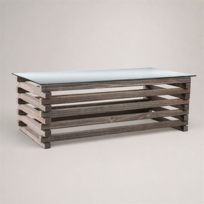 Bowery Hill Transitional Solid Wood Coffee Table with Glass Top in Grey