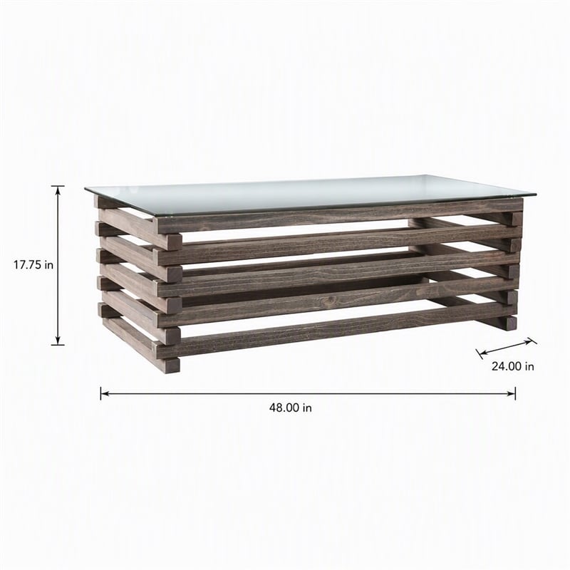 Bowery Hill Transitional Solid Wood Coffee Table with Glass Top in Grey