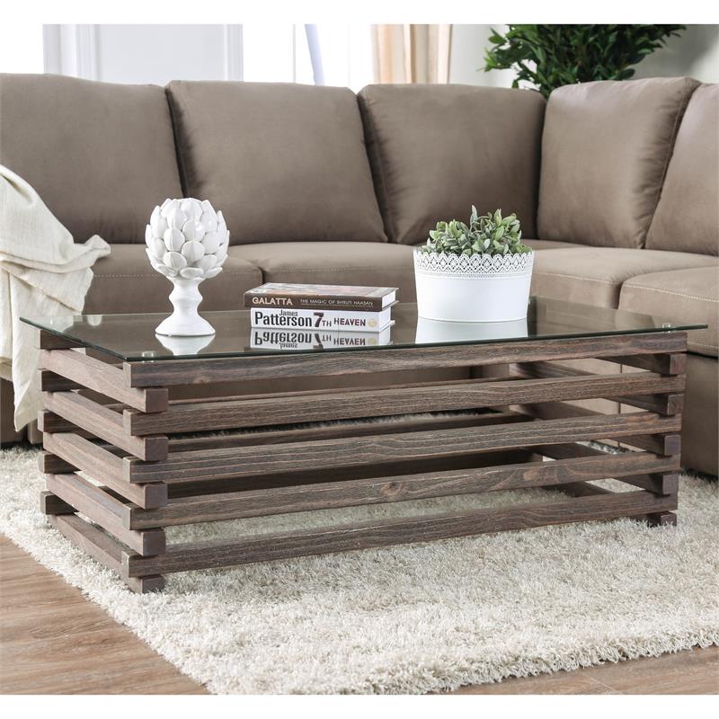 Bowery Hill Transitional Solid Wood Coffee Table with Glass Top in Grey